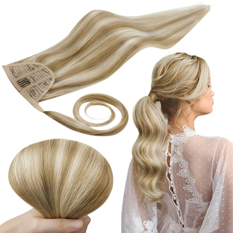 RUNATURE Human Hair Ponytail Extension Golden Blonde 14 Inch Ponytail Extensions Human Hair Light Blonde Highlighted Wrap Around Ponytail Human Hair Extensions Short Pony Tails Hair Extensions 70g
